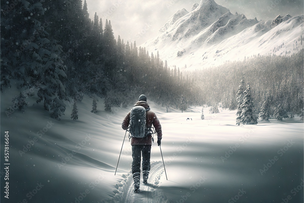 Poster a person on skis in the snow with a backpack on their back and a mountain in the background with sno