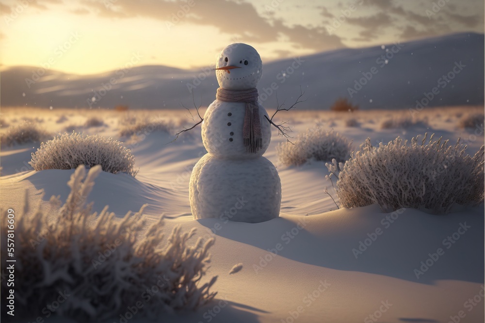 Poster a snowman is standing in the middle of a snowy field with bushes and bushes in the foreground and a 