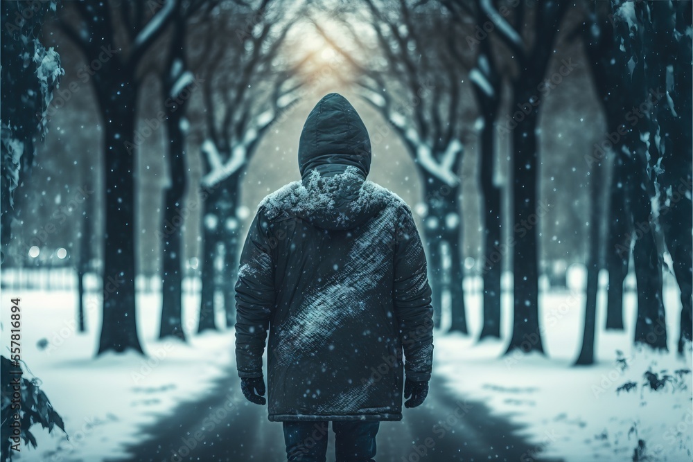 Aufkleber a person in a parka walking through a snowy forest with trees in the background and the sun shining 