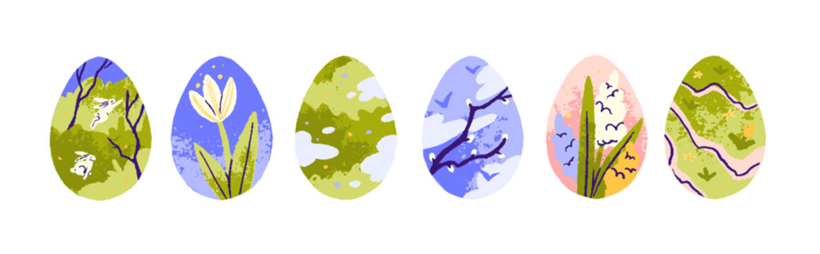Easter eggs designs set. Painted decorations, drawings with flowers, plants, grass, nature, rabbits, bunnies. Spring holiday decor, paintings. Flat vector illustrations isolated on white background