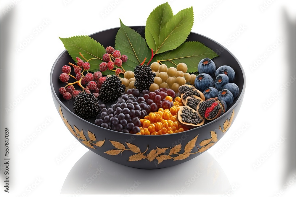 Aufkleber a bowl filled with lots of different types of berries and berries on top of each other with leaves o