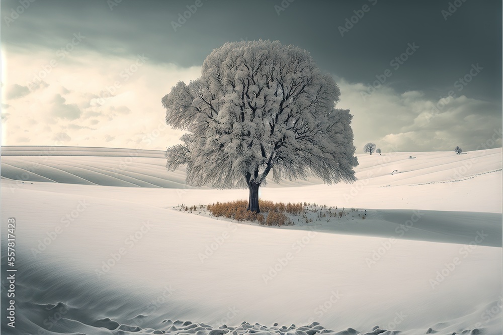 Poster a lone tree in a snowy field with a cloudy sky in the background and a few clouds in the sky over th
