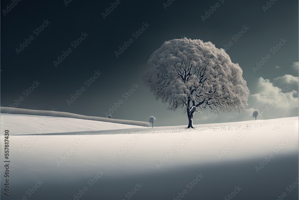 Poster a lone tree in a snowy field with a fence in the background and a dark sky with clouds in the backgr