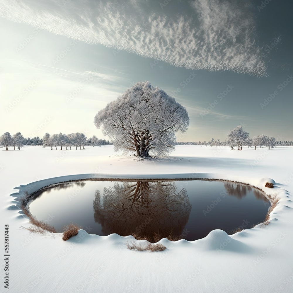 Poster a snow covered field with a tree and a small pool of water in the middle of the ground. generative a