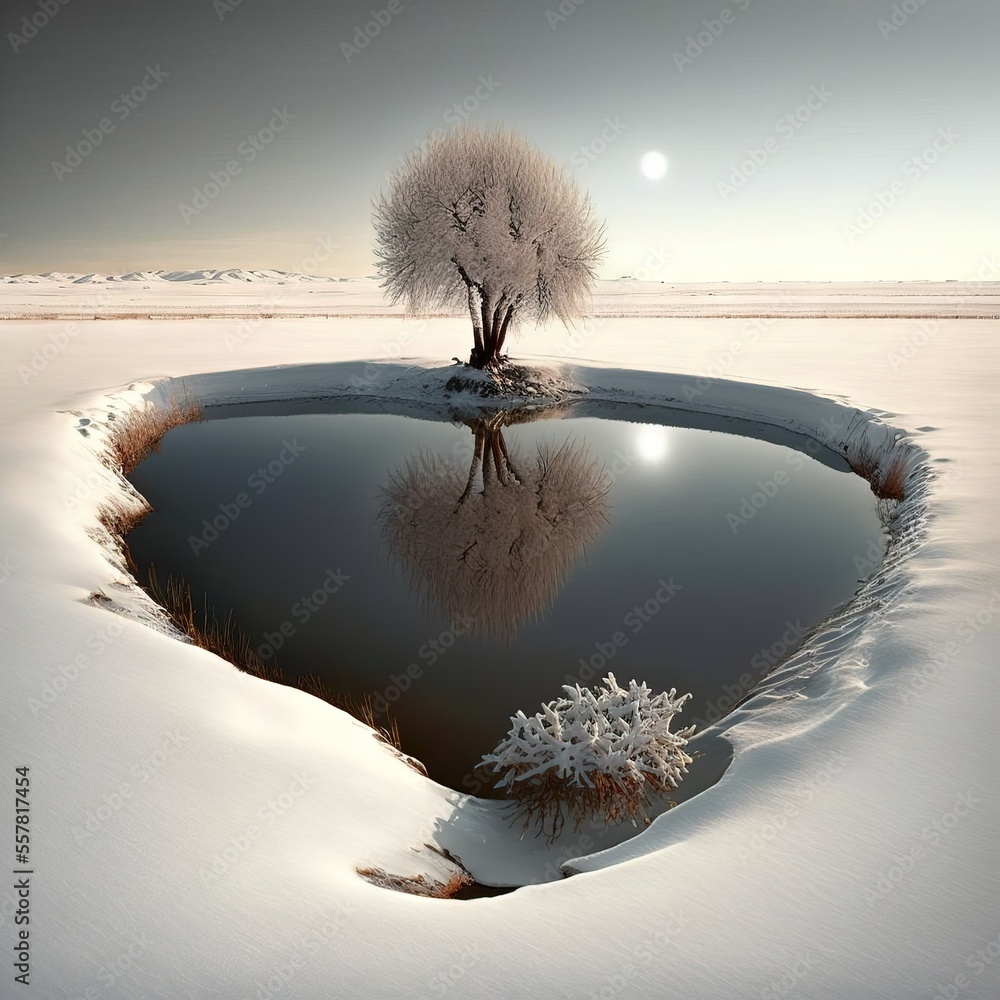 Poster a tree is standing in the middle of a snowy field with a lake in the middle of it and a sun in the d
