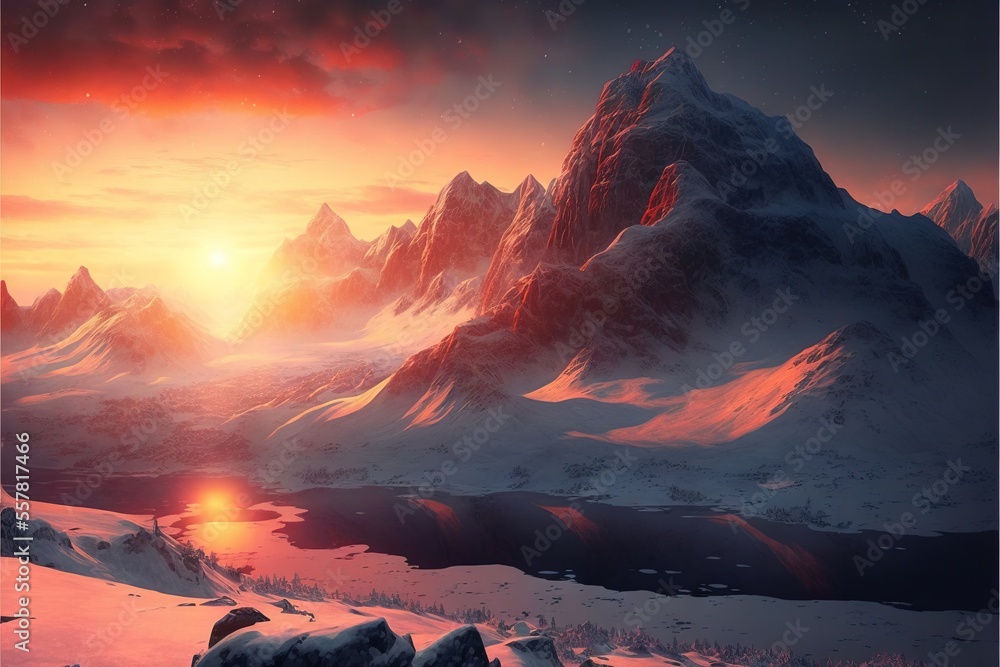 Poster a painting of a mountain range with a sunset in the background and a red sun in the sky over the sno