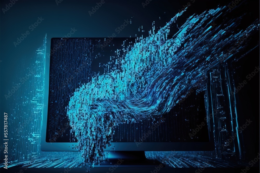 Poster  a computer monitor with a blue wave on it's screen and a city in the background with buildings and skyscrapers in the distance. Generative AI