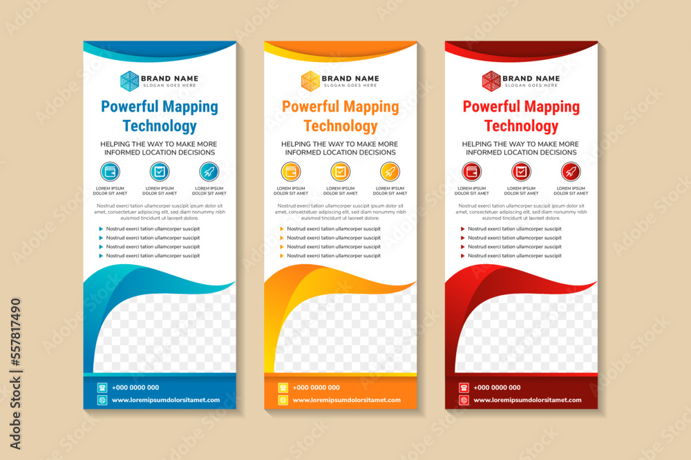 Poster powerful mapping technology banner design template with vertical layout. white background with blue,
