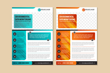Flyer template design with headline is environmental data monitoring. Space of photo collage. diagonal rectangle pattern. Advertising banner with vertical layout. white background with blue orange.