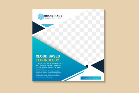abstract modern template design with headline is cloud based technology. space of photo collage and text. Advertising social media banner square layout. white background and multicolor blue element.