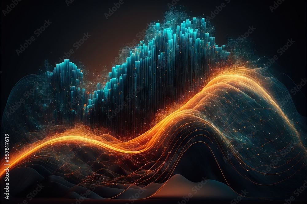 Poster a computer generated image of a wave in the sky with a bright orange and blue wave coming out of the