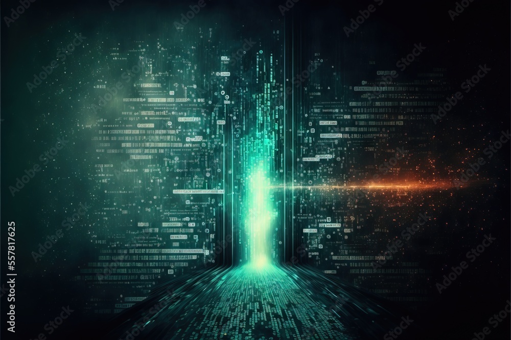 Poster a digital image of a doorway with a glowing light coming out of it in the middle of a dark room fill