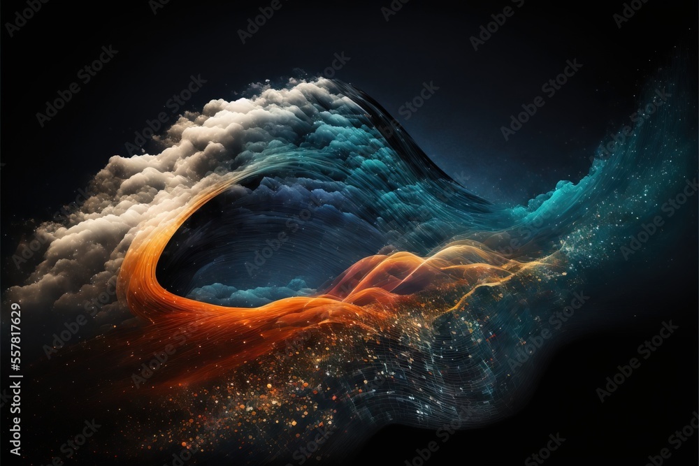 Poster a computer generated image of a wave in the sky with a bright orange and blue wave coming out of the