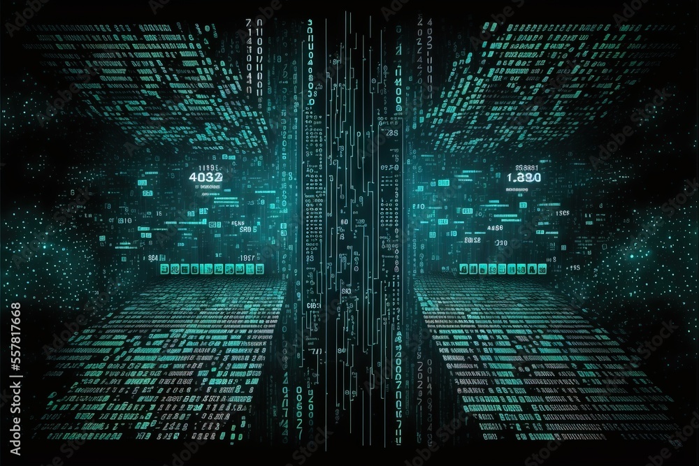 Poster a digital image of a dark room with green and black squares and numbers on the walls and floor. gene