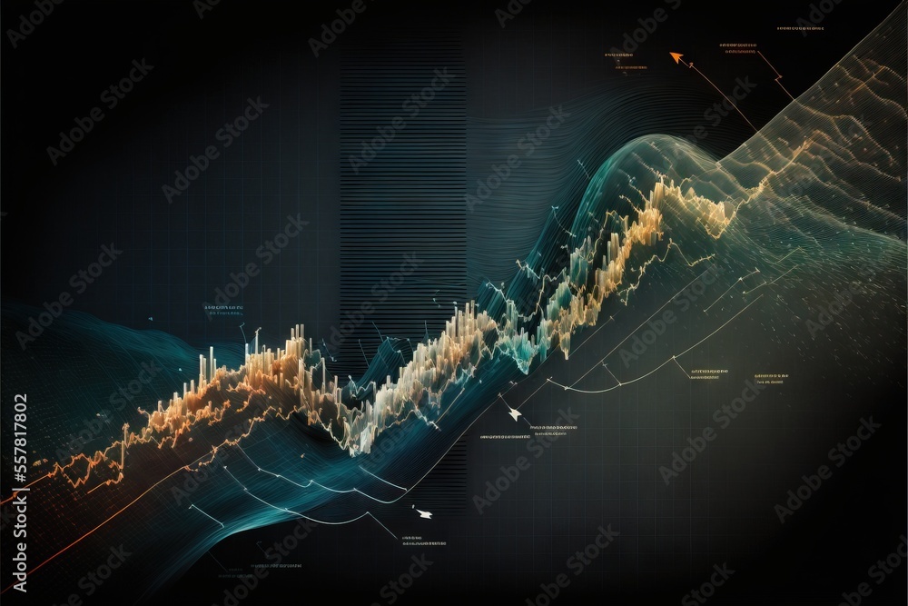 Poster a line graph is shown with colorful lights coming out of the top of it and the bottom of the line is