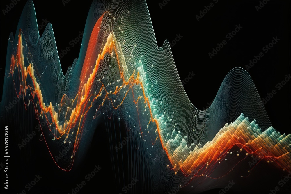 Poster a line graph is shown with colorful lights coming out of the top of it and the bottom of the line is