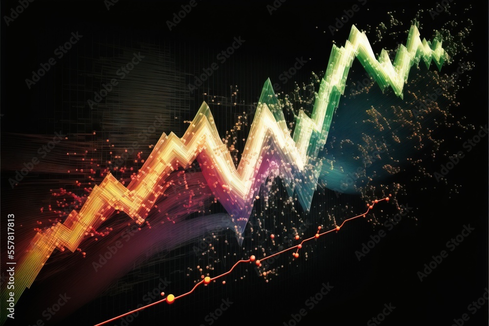 Poster a line graph is shown with colorful lights coming out of the top of it and the bottom of the line is