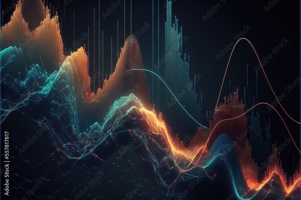 Poster a line graph is shown with colorful lights coming out of the top of it and the bottom of the line is