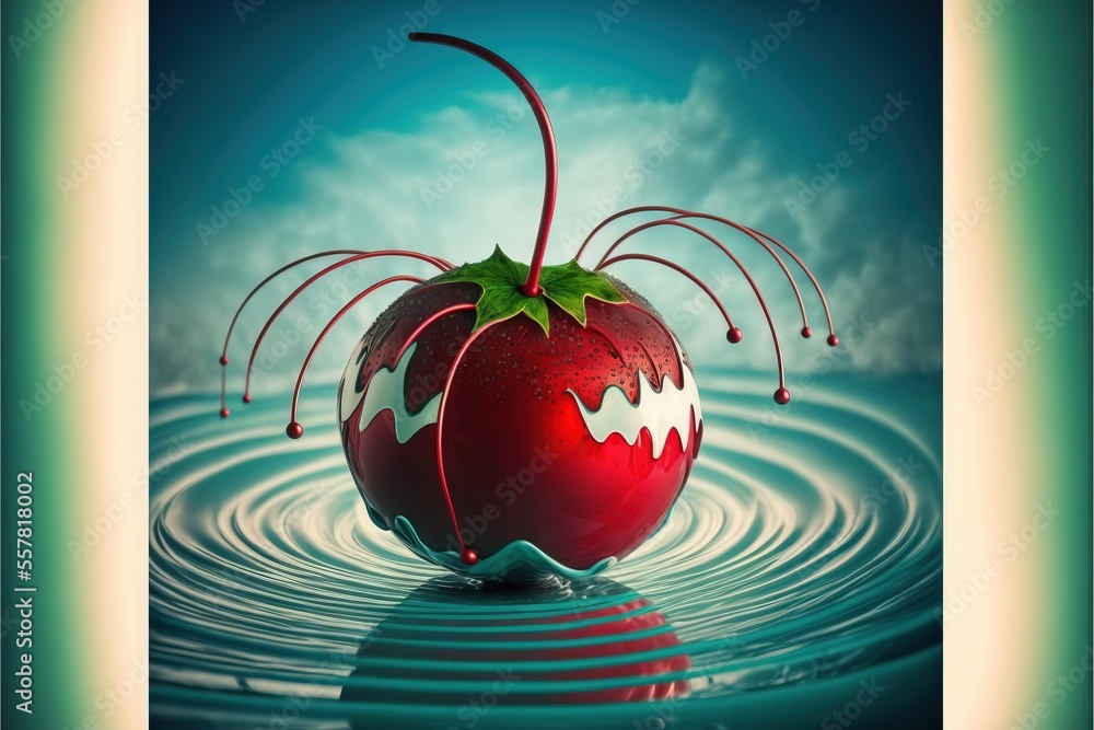Poster a painting of a red apple with a sprout growing out of it's center surrounded by a spirally. generat