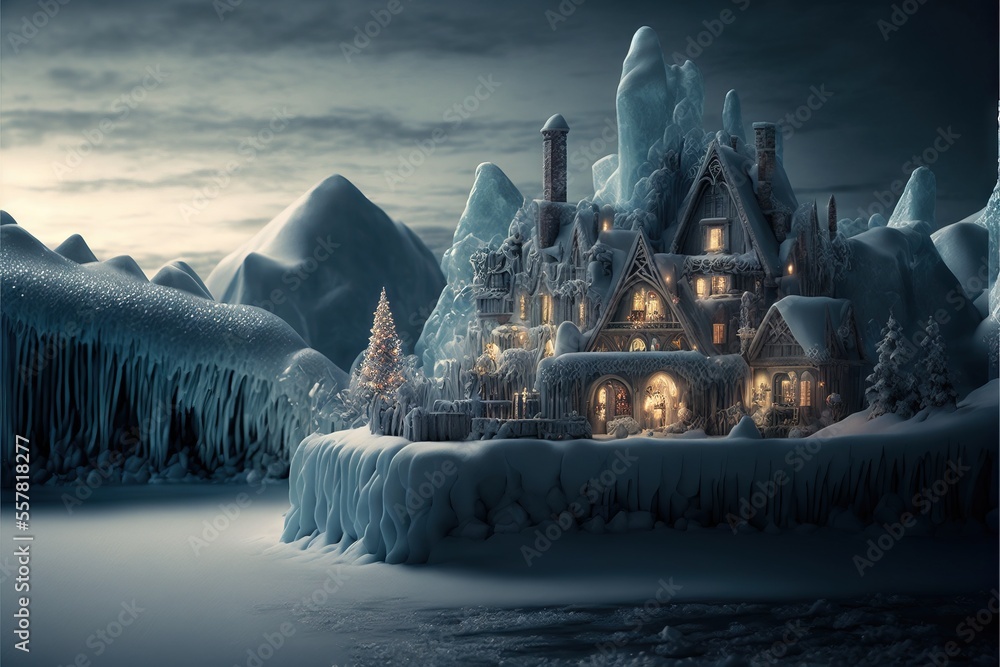 Poster a snow covered mountain with a house in the middle of it and a lot of icicles on the ground and tree