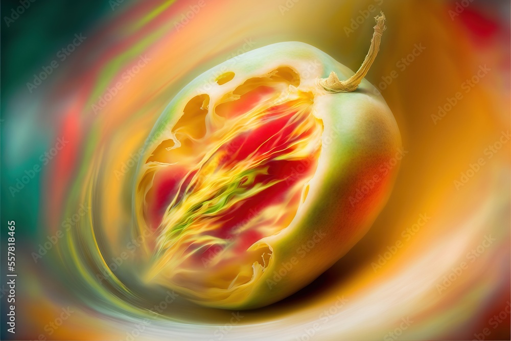 Poster a colorful object with a black background and a yellow and orange swirl on it's surface. generative 