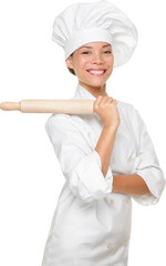 Baker woman smiling proud with baking rolling pin. Chef or baker in uniform hat smiling happy...