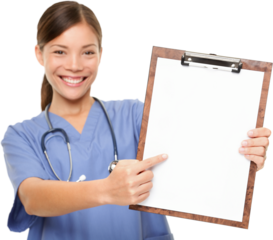 Nurse showing medical sign clipboard copy space. Female medical doctor or nurse pointing at blank empty copyspace. Young mixed race Asian Caucasian woman model in blue scrubs isolated on white.  PNG, 