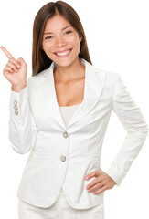 Portrait of happy young businesswoman with hand on hip pointing sideways over white background,  PNG, transparent isolated cutout, Can be superimposed on other image or background.