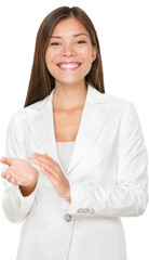 Portrait of happy young businesswoman clapping hands isolated over white background.,  PNG,...