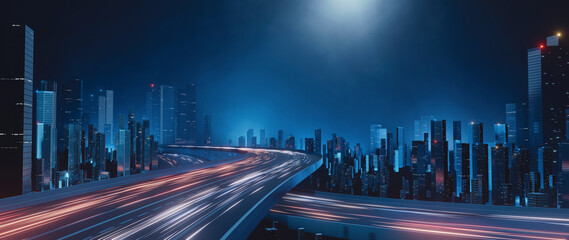3D Rendering of trail lights from highway and light reflection from buildings in mega city at night. Concept of technology background, cyberpunk, fin tech, big data, 5g fast network, AI