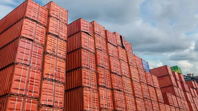 Container Pile Up At Port Cargo Terminal In Time Lapse Background