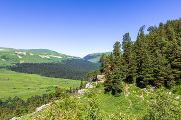 Naklejka na ściany i meble Summer, mountainous terrain, hiking trails running through the park, a place for walking and recreation.