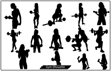 Set or collection of various woman sports exercising silhouettes