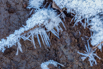 Clear blue crystals of frost on groun
