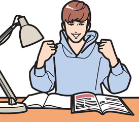 勉強、やる気、ガッツポーズの男子