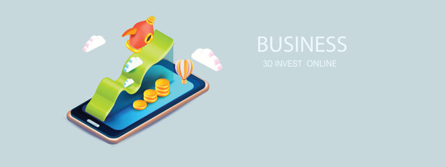 3D mobile phone funding business graph trading online vector render  style icon illustration coin growing business creative concept for finance, investment, notification banking save 