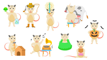 Big Set Abstract Collection Flat Cartoon Different Animal Opossums Vector Design Style Elements Fauna Wildlife