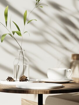 3d white ceramic display podium with plant vase and cup of coffee on the wooden table. 3d rendering of realistic presentation for product advertising. 3d illustration.