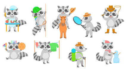 Obraz premium Big Set Abstract Collection Flat Cartoon Different Animal Raccoons Vector Design Style Elements Fauna Wildlife