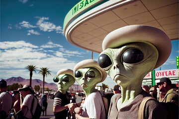 Alien tourists on vacation in Las Vegas, Nevada - Extraterrestrials visit planet Earth on an intergalactic leisure trip. Generative AI image  - obrazy, fototapety, plakaty