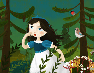 cartoon scene with princess in the forest alone illustration