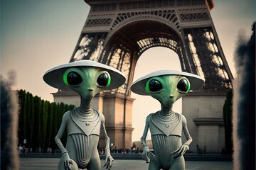 Alien tourists on vacation in Paris, France - Extraterrestrials visit planet Earth on an intergalactic leisure trip. Generative AI image  - obrazy, fototapety, plakaty