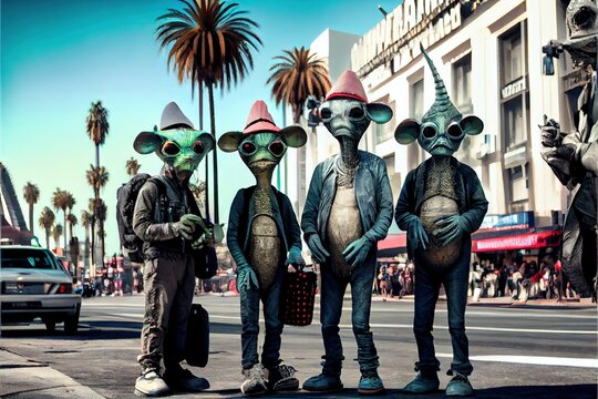 Alien tourists on vacation in Los Angeles, California - Extraterrestrials visit planet Earth on an intergalactic leisure trip. Generative AI image 