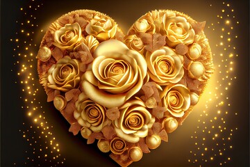 24k Golden Rose Heart - 3D generative AI image of a heart made of flowers to celebrate Valentine's Day 2023. February holiday celebration of love, romance, and caring with a modern look and feel