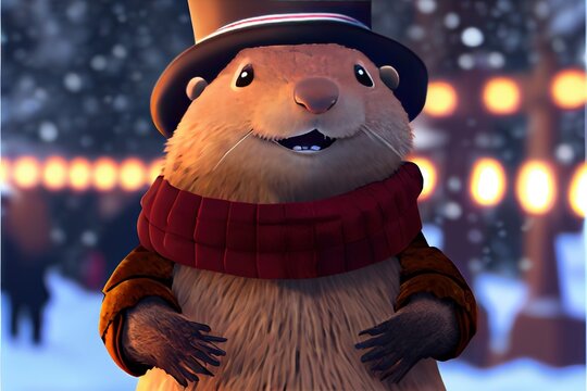 3D Anthropomorphized Groundhog - Groundhog Day is an annual American tradition in which a groundhog emerges to predict winter or spring. generative AI groundhog dress in hat and scarf
