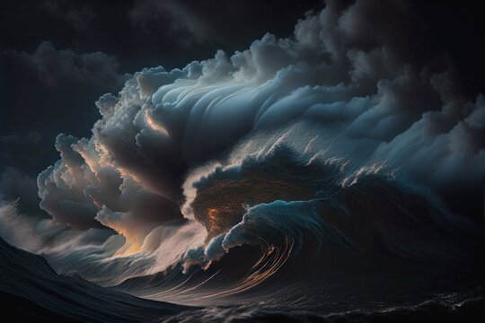 Storm Clouds Lit By Lightening Sun Majestic Clouds Over The Ocean Waves, Generative Ai