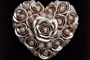 Silver Rose Heart - 3D generative AI image of a heart made of flowers to celebrate Valentine's Day 2023. February holiday celebration of love, romance, and caring with a modern look and feel