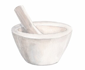 White ceramic mortar for herbs and spices. The tool for laboratory, production of medicines and cosmetics. Element for label design of home ecological products. Watercolor.