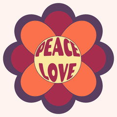 Icon, sticker in the style of a hippie with flower and a circle inscription peace, love inside.