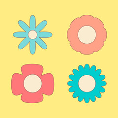 set of flowers with a stroke, in the style of a hippie on a yellow background.